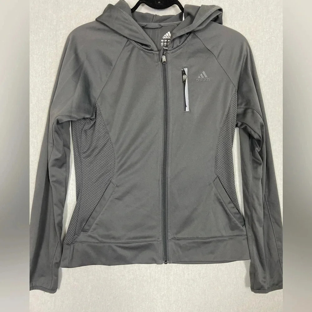 Adidas Gray Running Full Zip Hoodie Jacket Reflective Chest Pocket Sz M